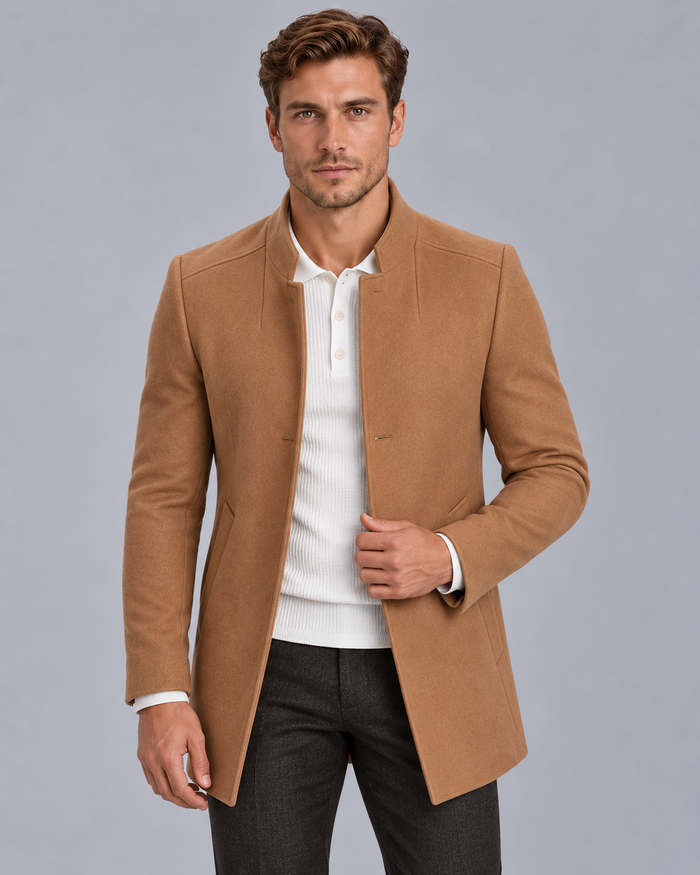 Men's Collarless Slim Fit Lightweight Overcoat Jacket