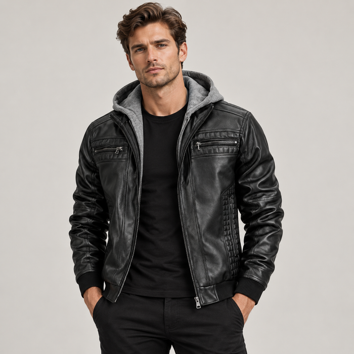 Men's Hooded Faux Leather Bomber Jacket