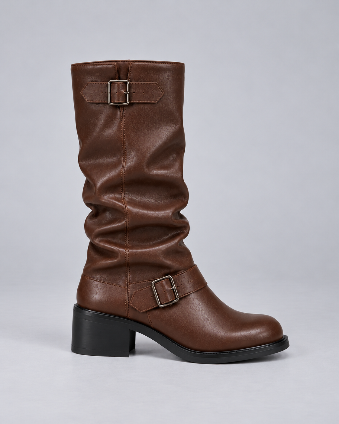 Women’s Knee-High Boots – Biker Buckles & Block Heel