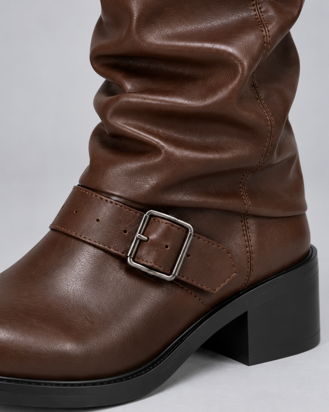 Women’s Knee-High Boots – Biker Buckles & Block Heel
