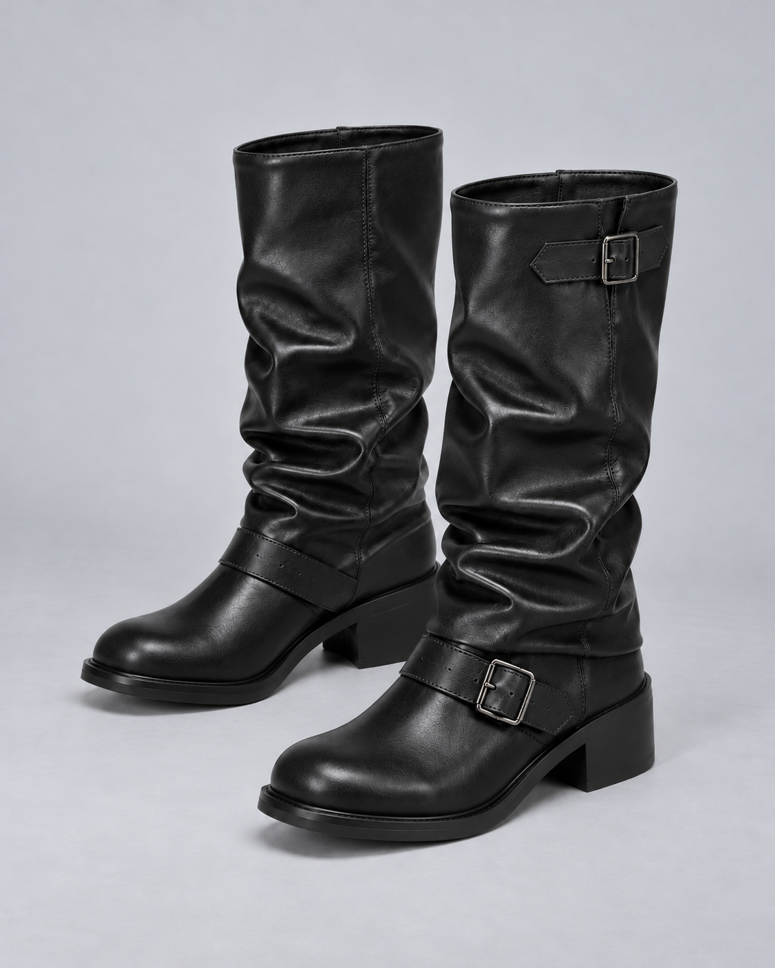 Women’s Knee-High Boots – Biker Buckles & Block Heel