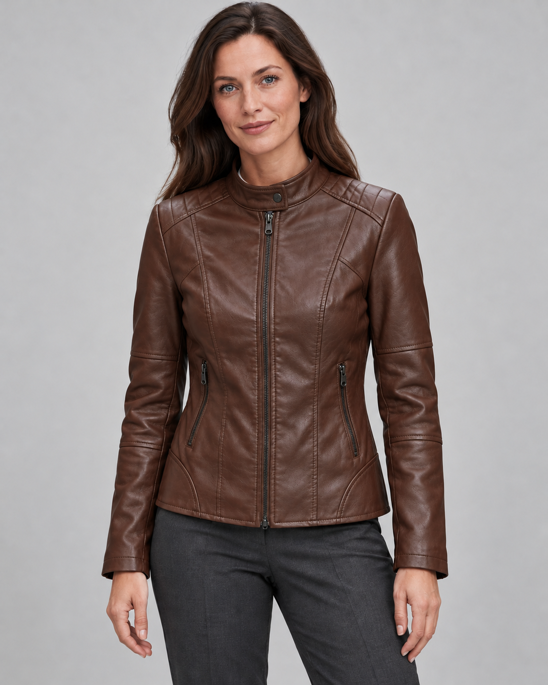 Women’s Faux Leather Jacket With Snap Collar