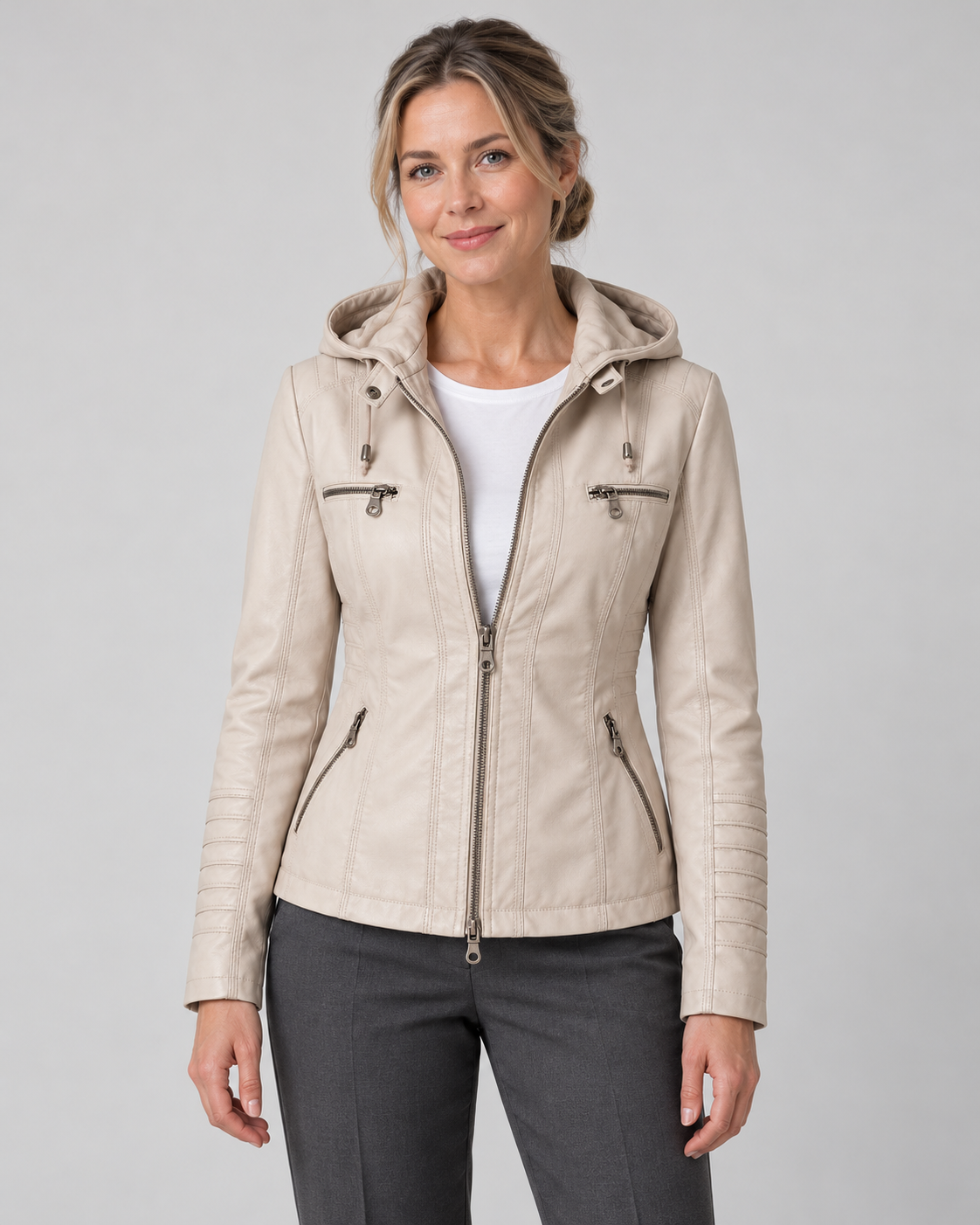 Women’s Faux Leather Jacket With Detachable Hood
