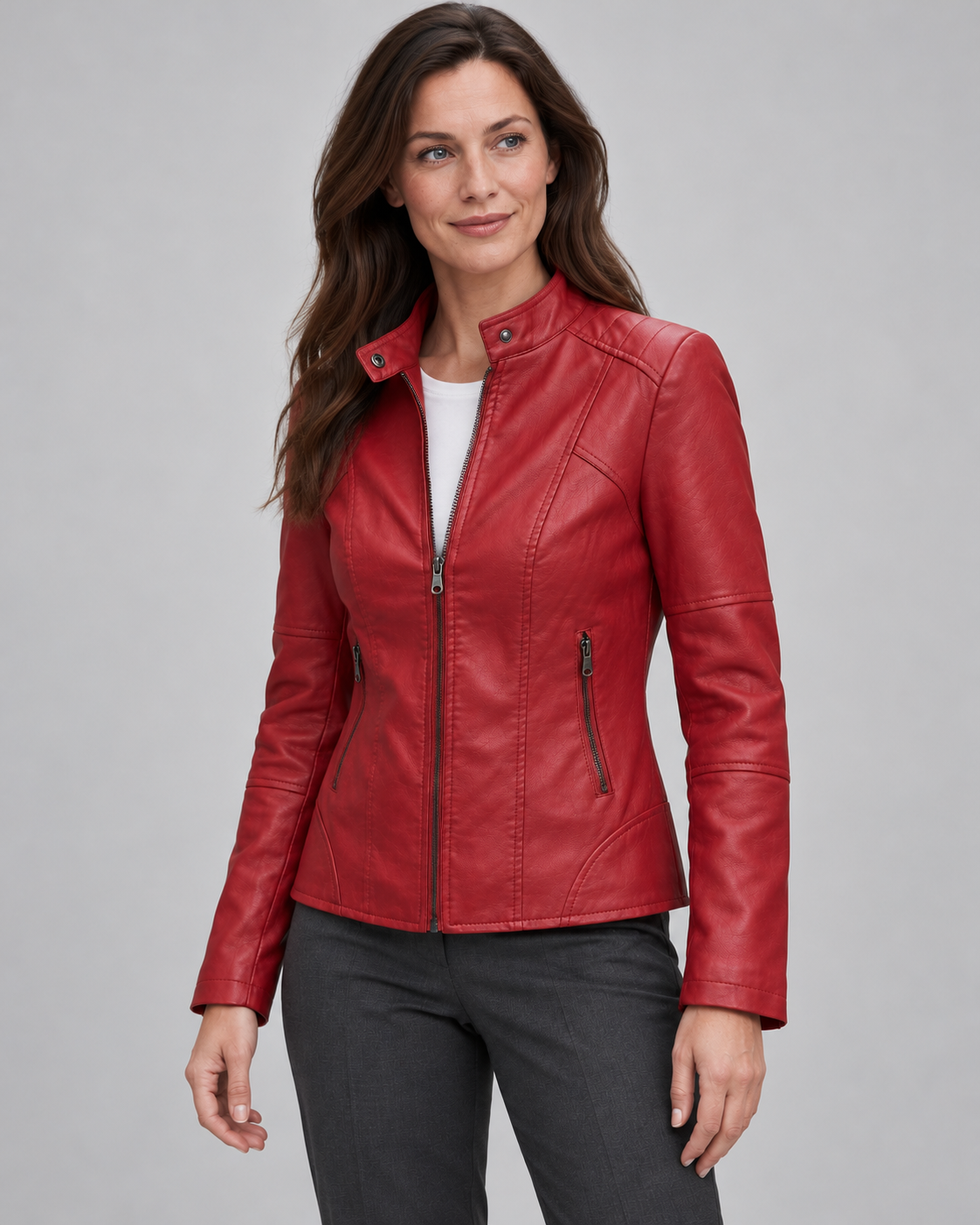 Women’s Faux Leather Jacket With Snap Collar