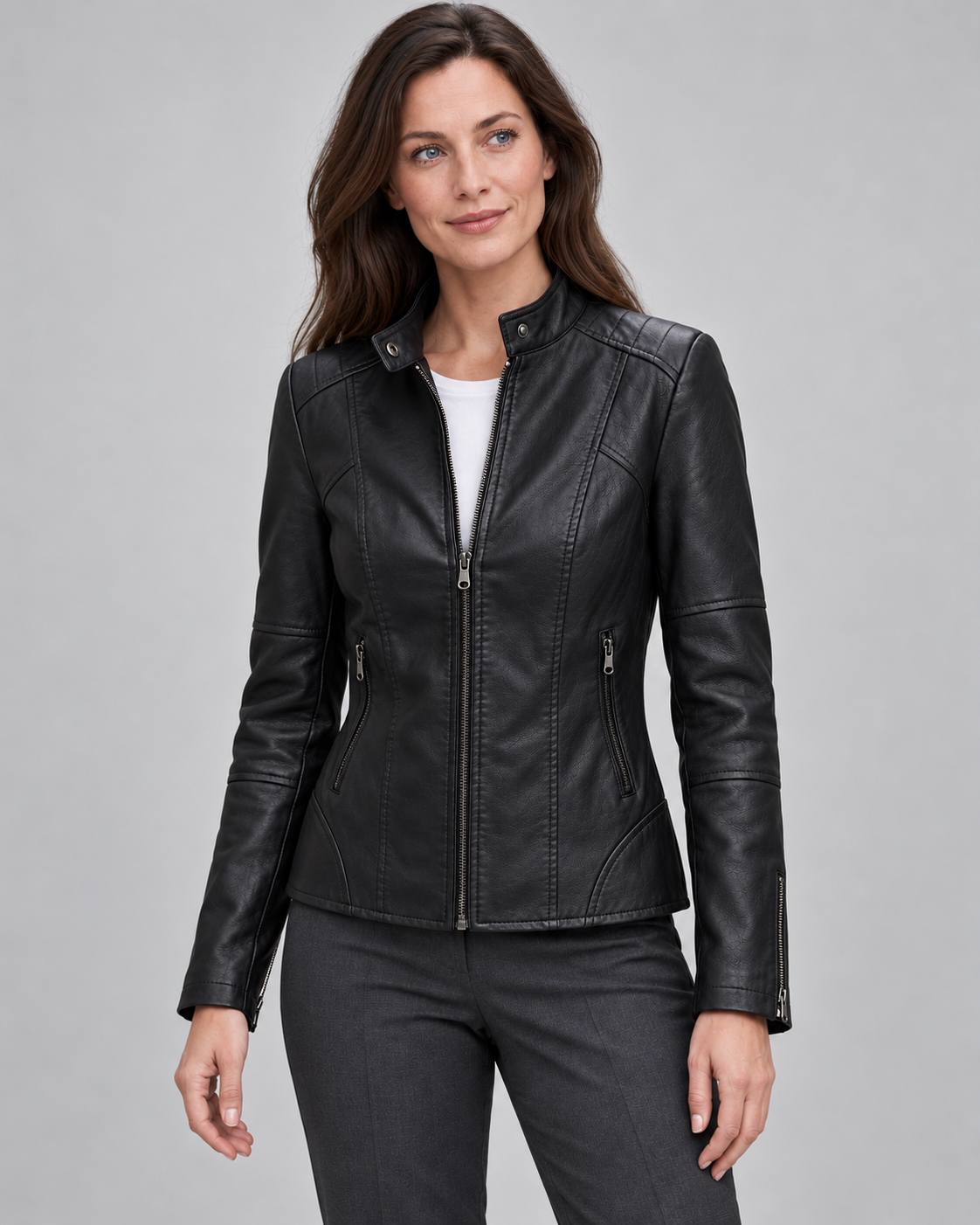 Women’s Faux Leather Jacket With Snap Collar