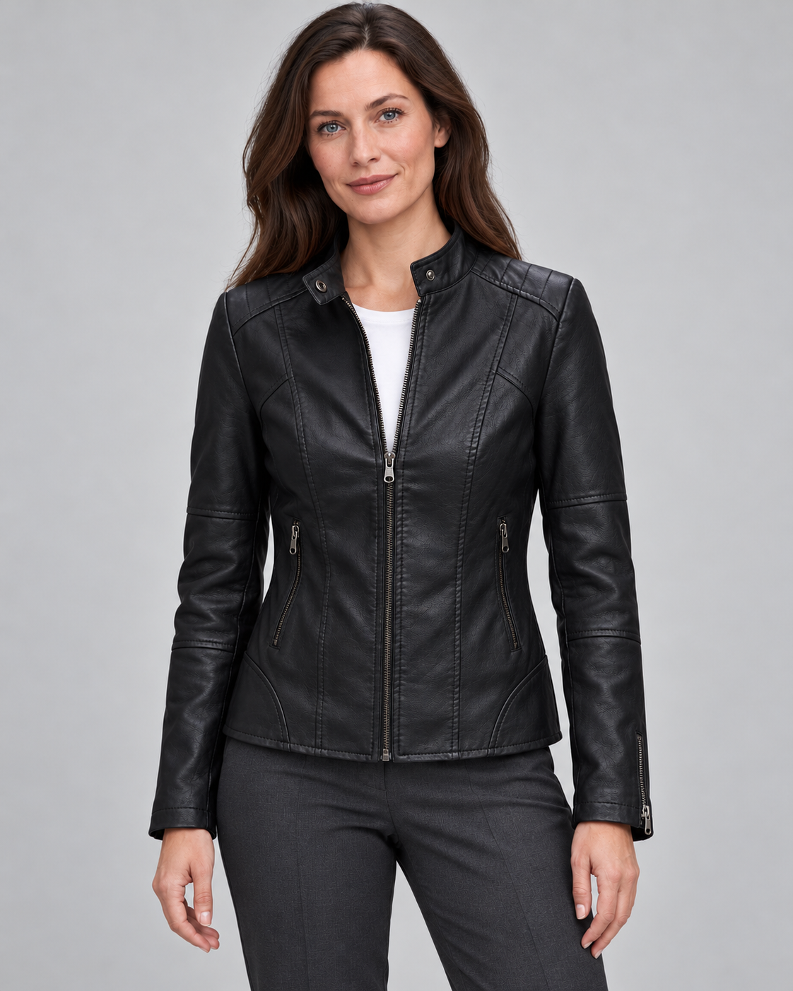 Women’s Faux Leather Jacket With Snap Collar