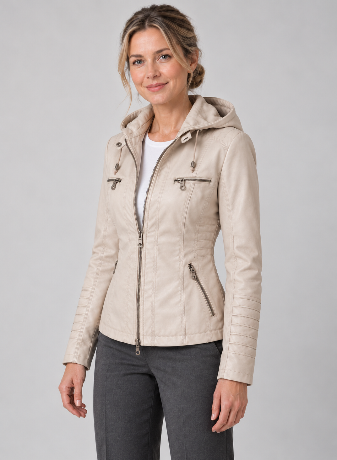 Women’s Faux Leather Jacket With Detachable Hood