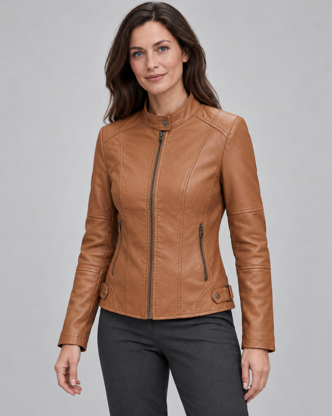 Women’s Faux Leather Jacket With Snap Collar