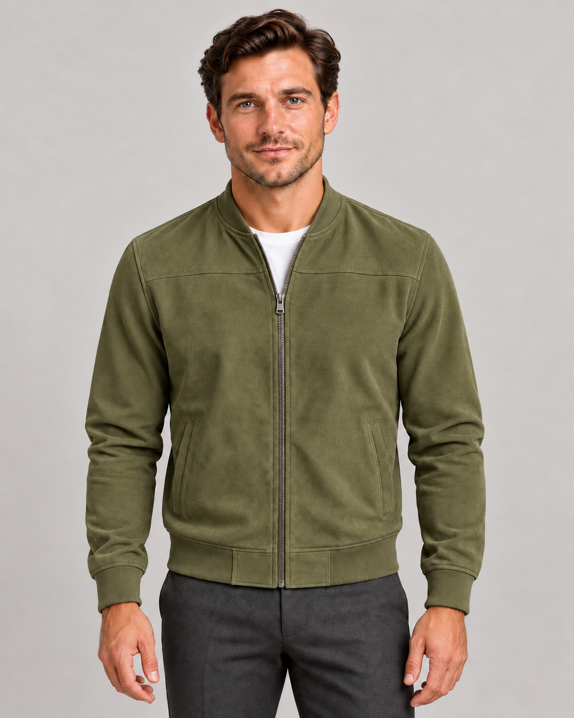 Men’s Faux Suede Bomber Jacket with Zip Front and Ribbed Trims