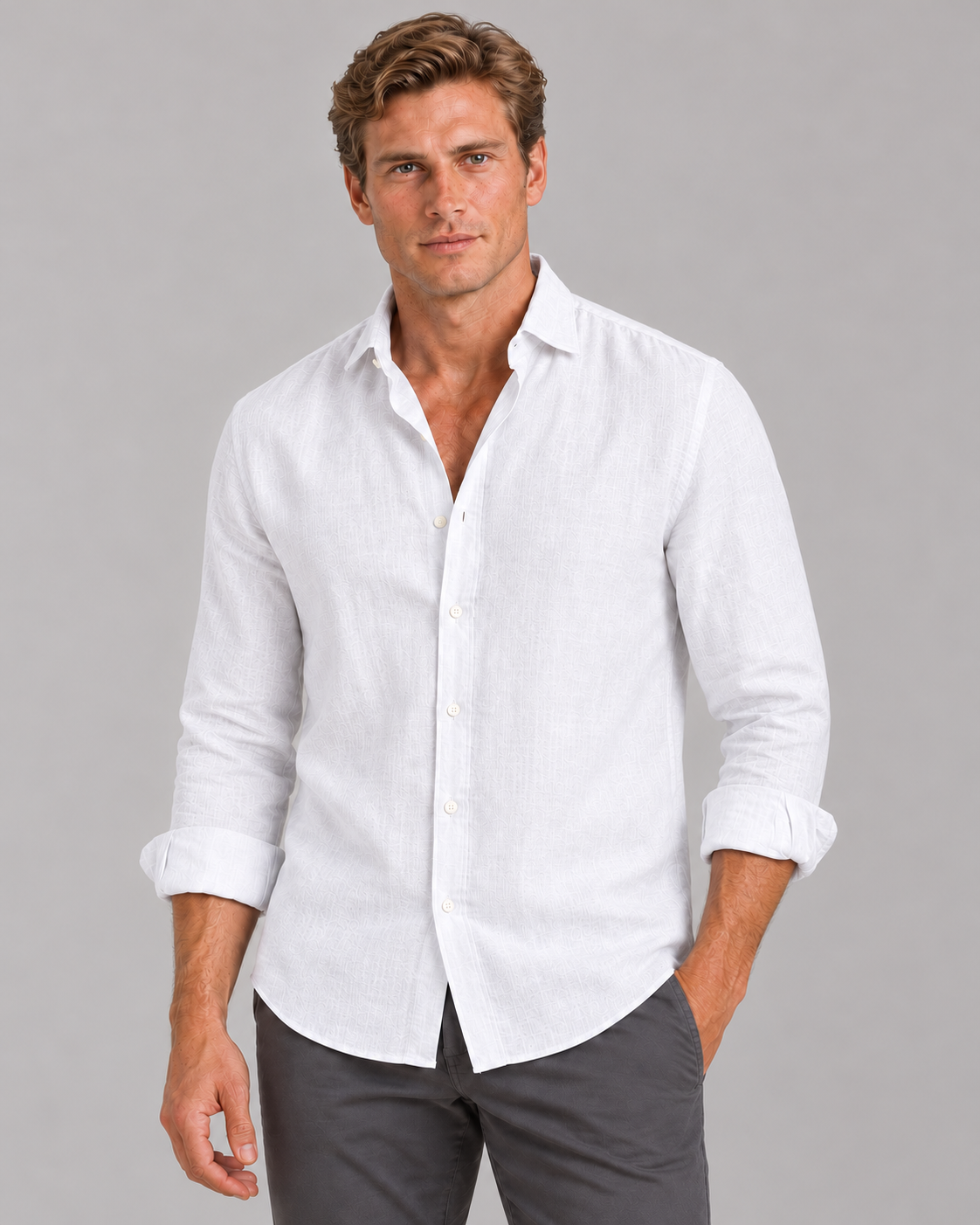 Men's Linen-Look Shirt – Classic Collar & Button Front