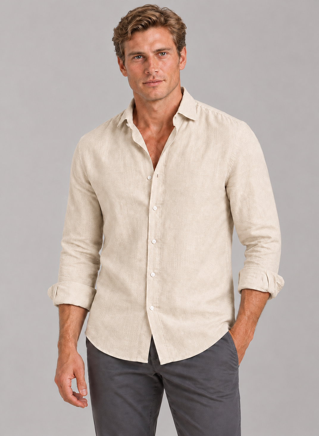 Men's Linen-Look Shirt – Classic Collar & Button Front