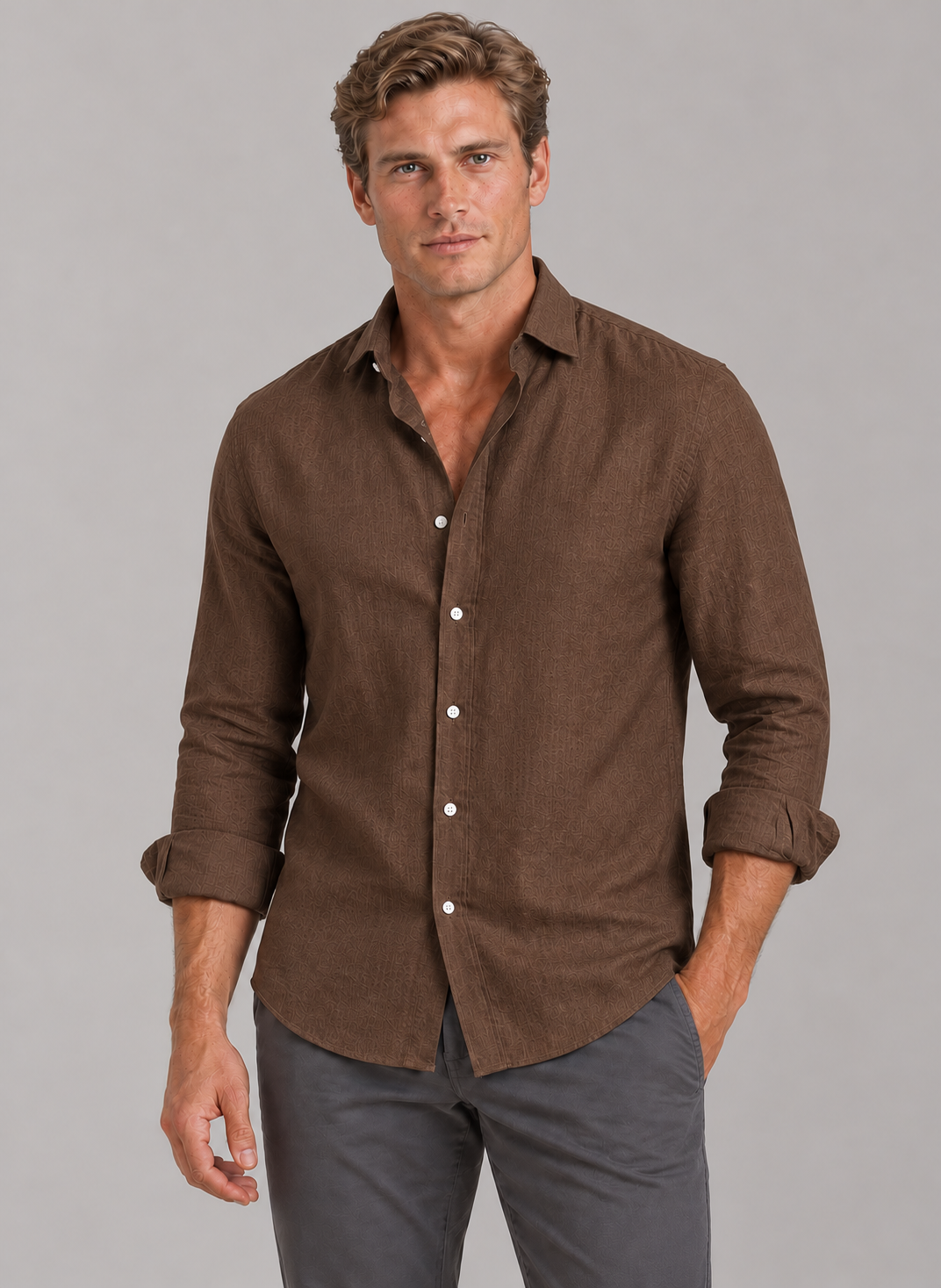 Men's Linen-Look Shirt – Classic Collar & Button Front