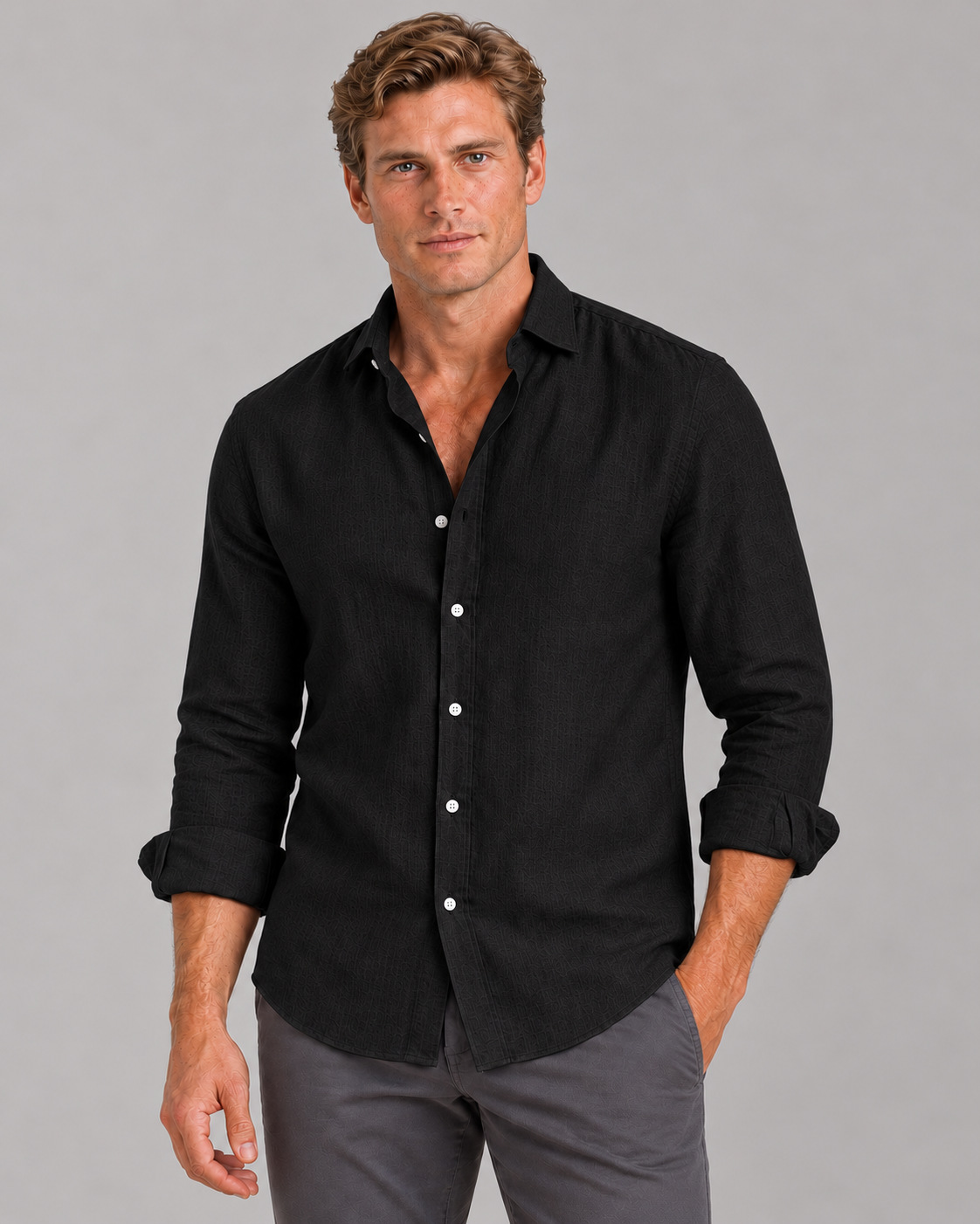 Men's Linen-Look Shirt – Classic Collar & Button Front