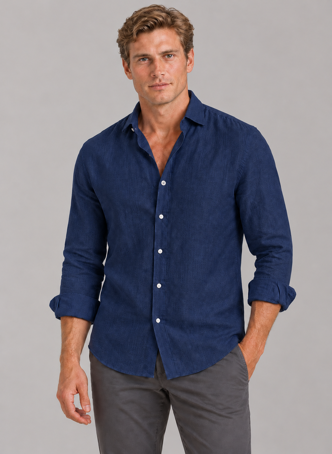 Men's Linen-Look Shirt – Classic Collar & Button Front