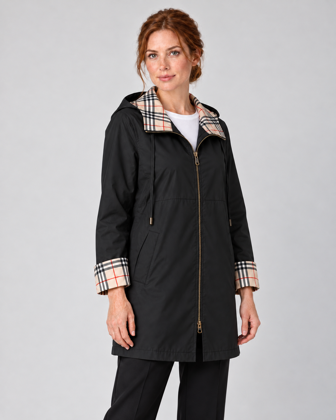 Women’s Hooded Long Raincoat with Zip Front and Check Trim