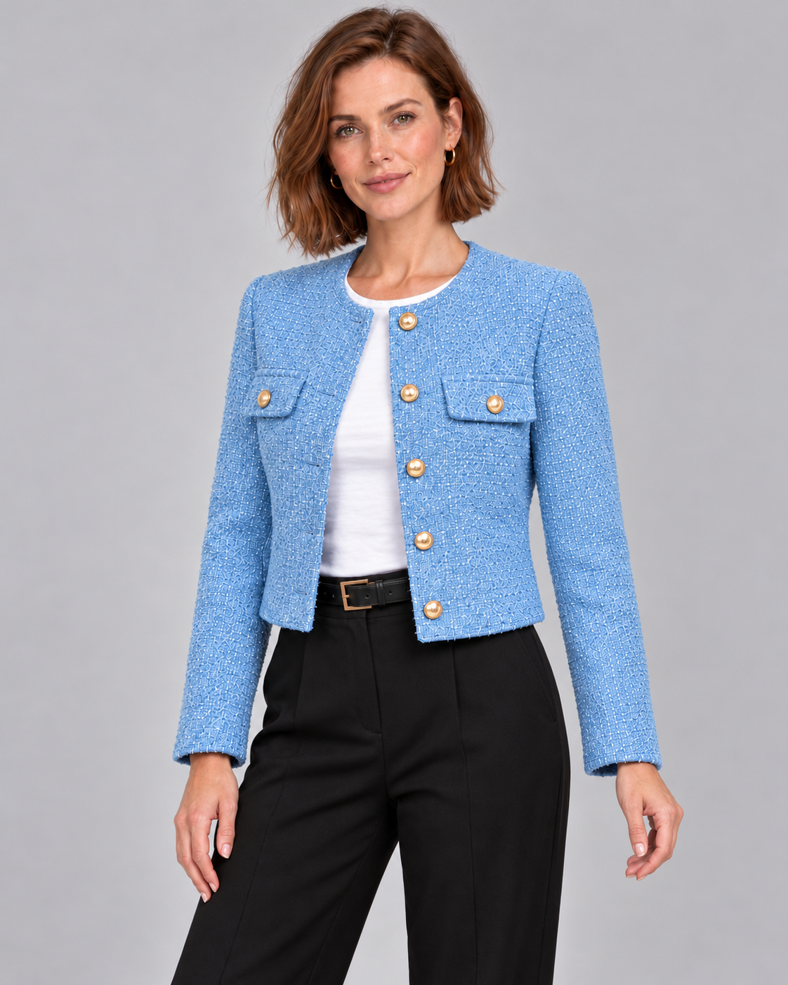 Women’s Cropped Tweed Jacket – Gold Button Blazer