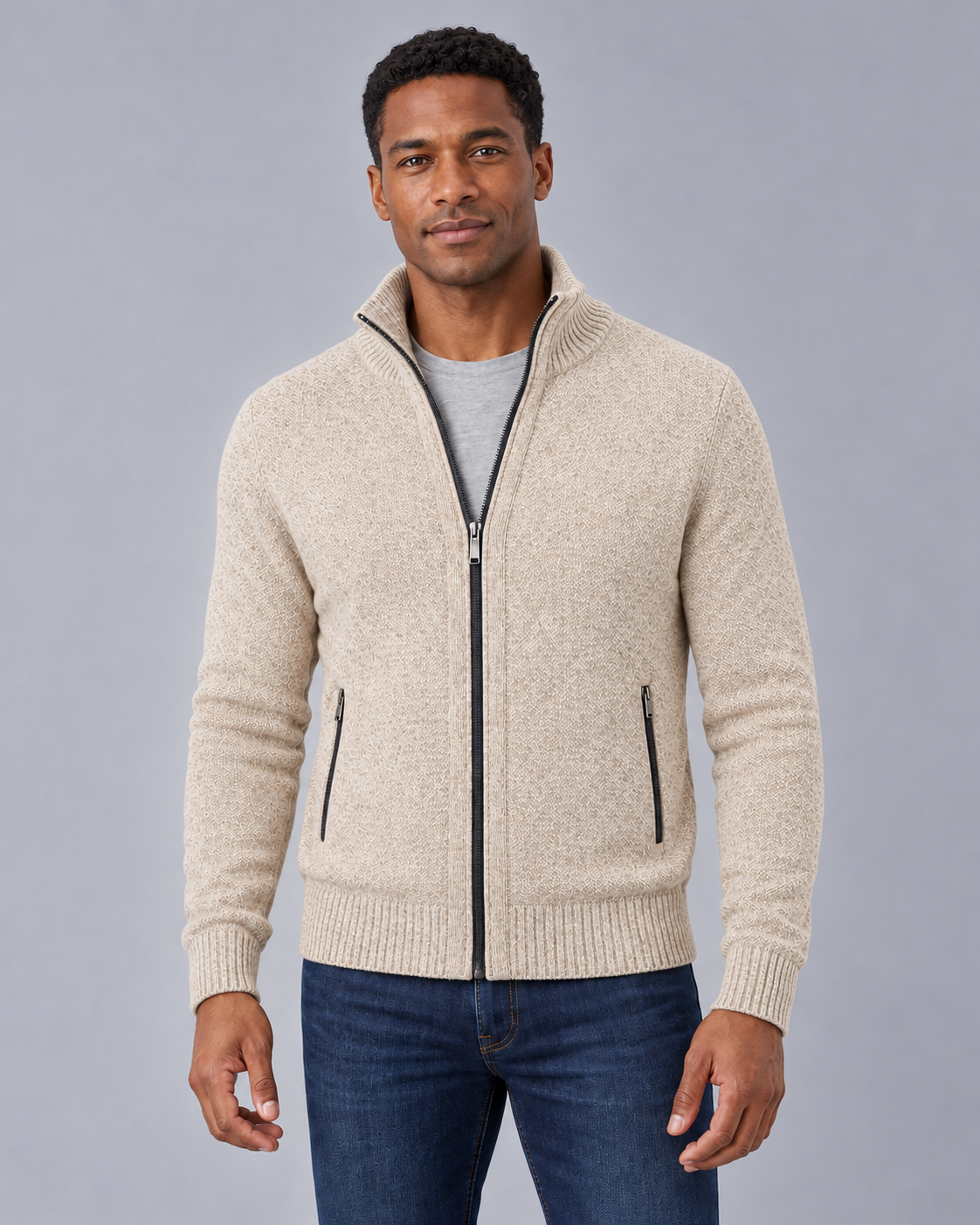 Men's Merino Wool Full-Zip Cardigan – Stand Collar & Zip Pockets