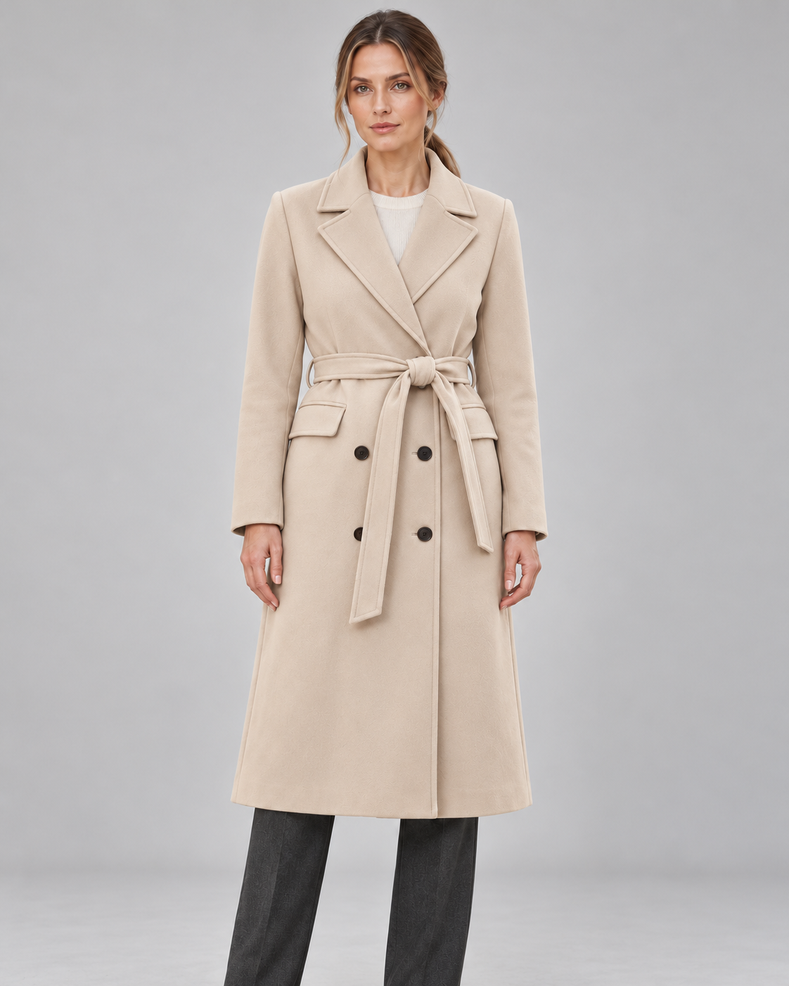 Women’s Coat With Belt And Notched Lapels