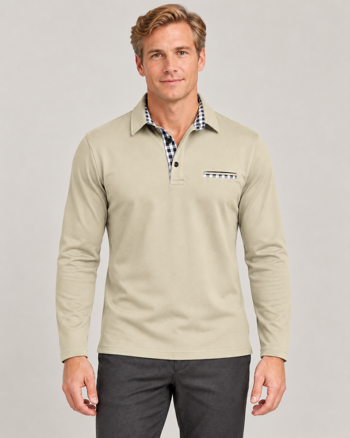Men’s Long Sleeve Polo Shirt in Cotton Blend with Check Trim
