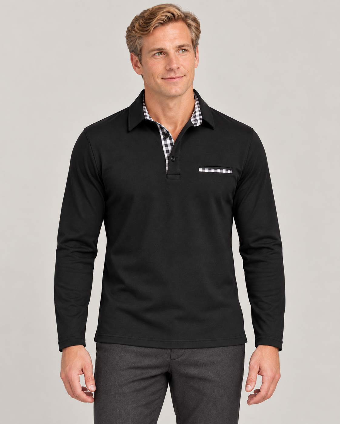 Men’s Long Sleeve Polo Shirt in Cotton Blend with Check Trim