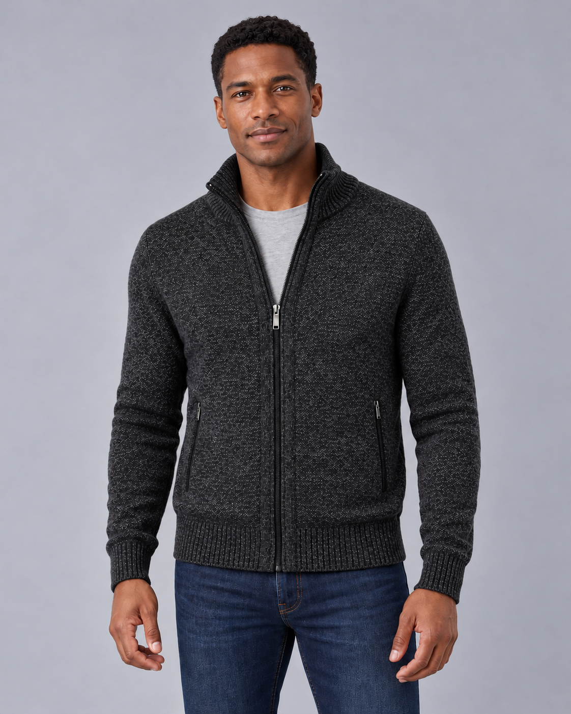Men's Merino Wool Full-Zip Cardigan – Stand Collar & Zip Pockets