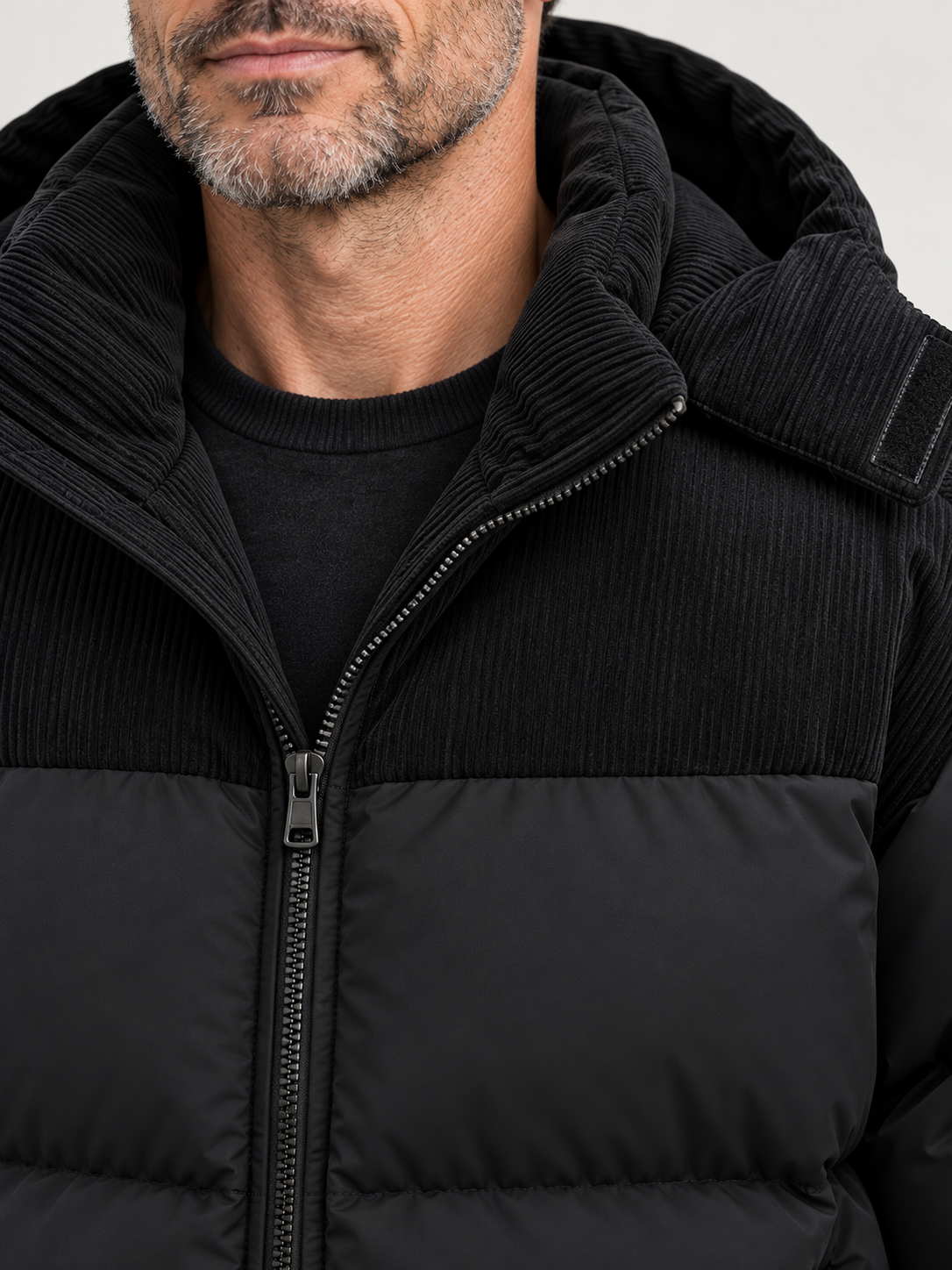 Men’s Hooded Puffer Jacket – Contrast Panels & Zip Front
