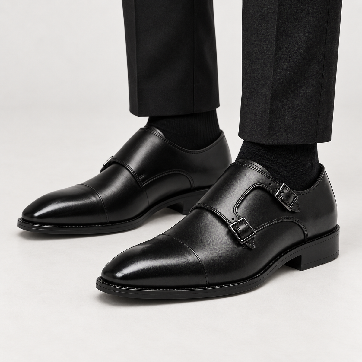 Men's Black Double Monk Strap Shoes – Cap-Toe Formal Style