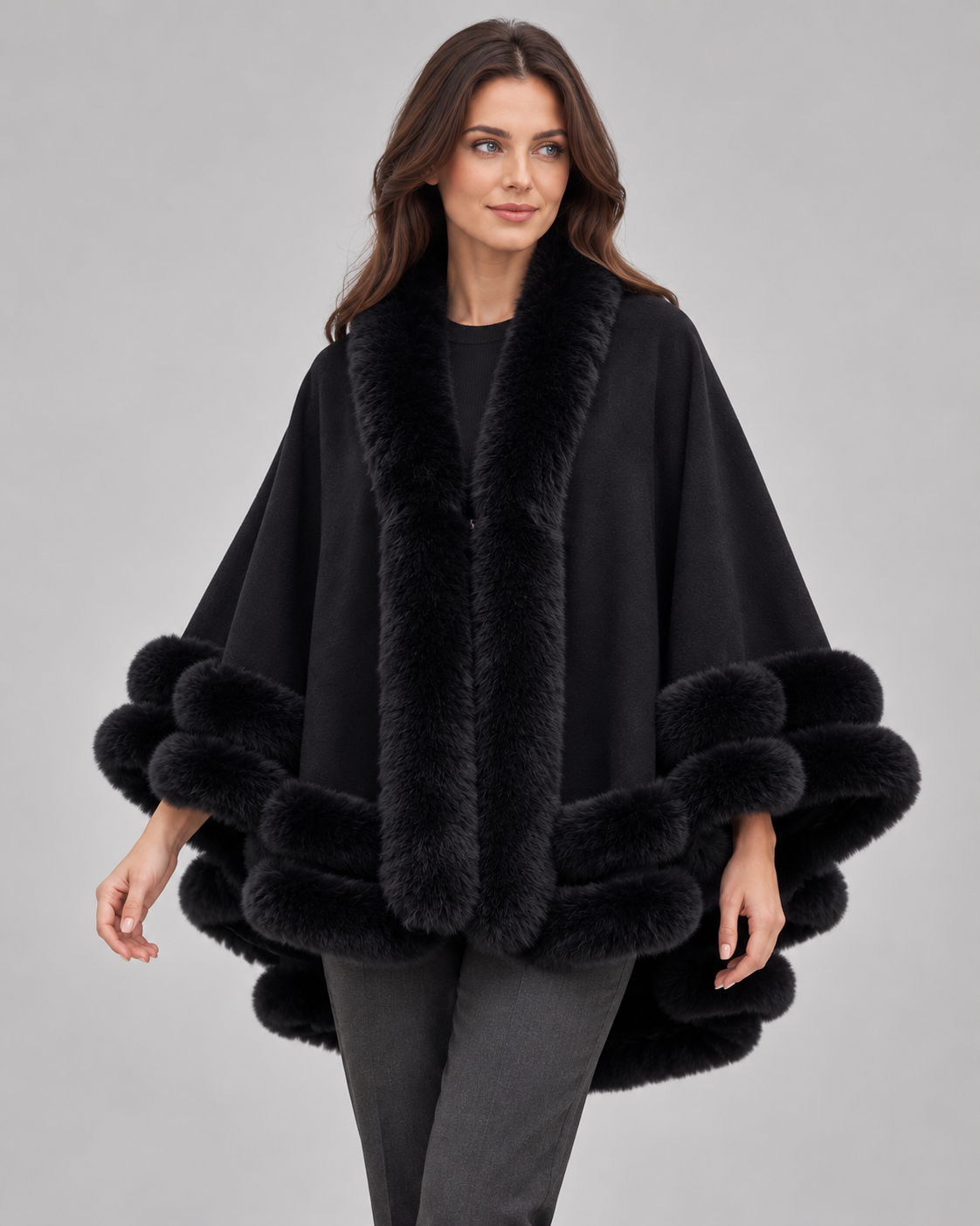 Women’s Cape Coat With Faux Fur Trim