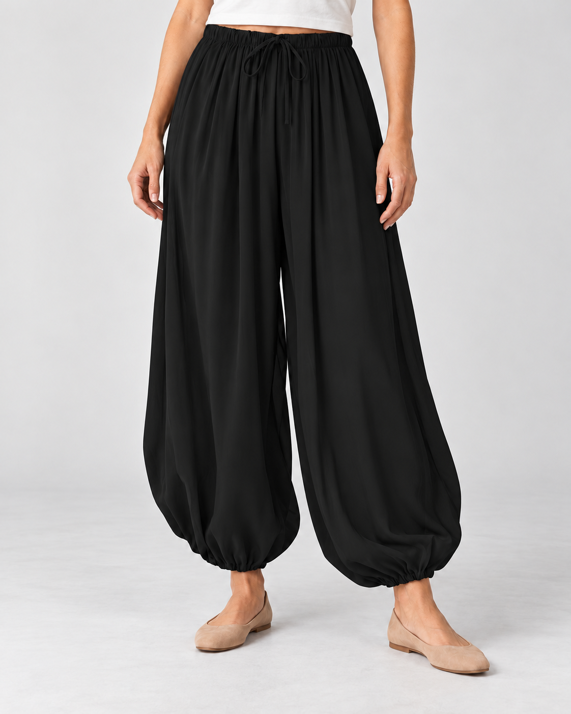 Women’s Wide Leg Trousers with Balloon Fit and Drawstring Waist