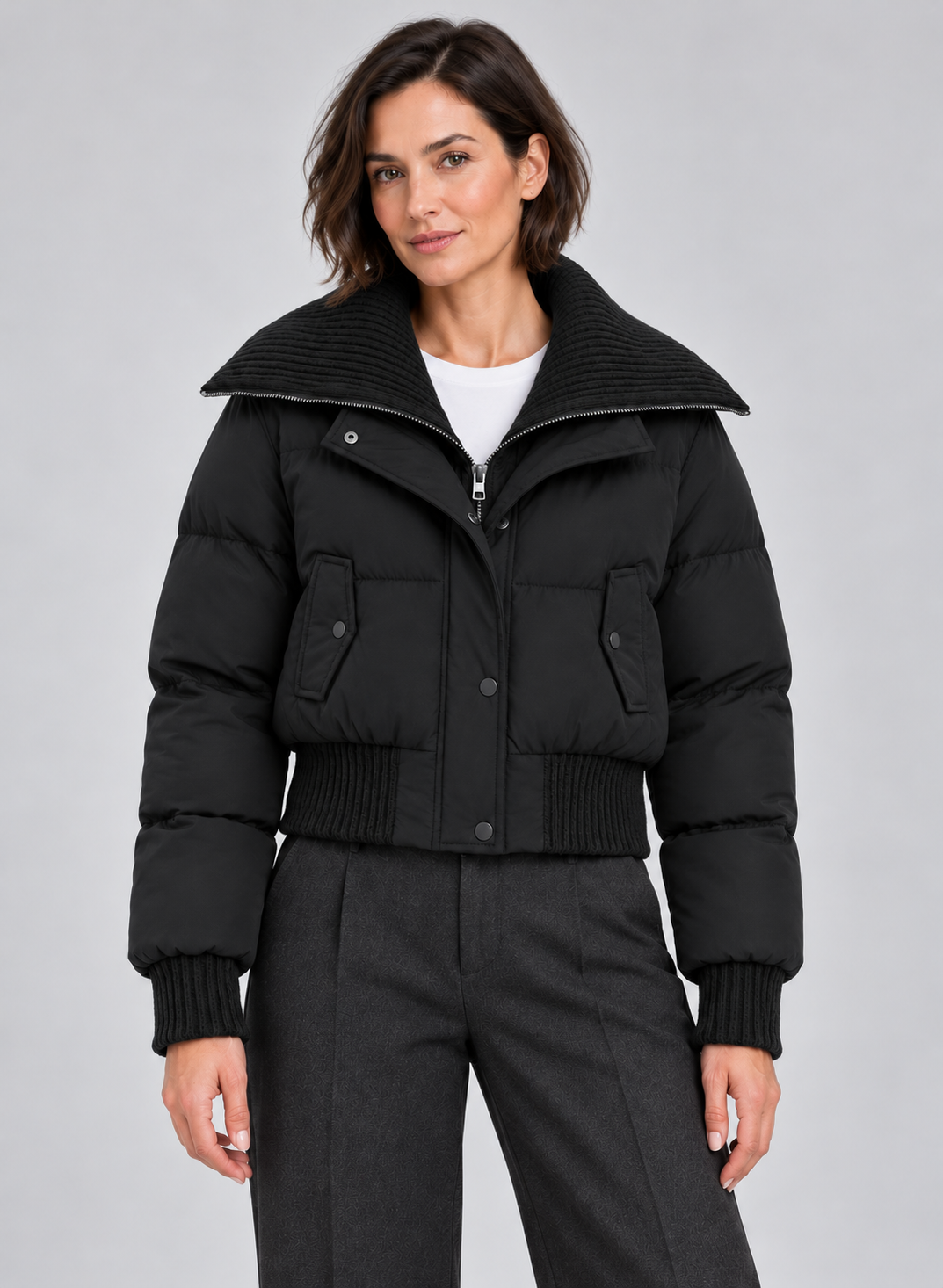 Women’s Puffer Jacket With Ribbed Knit Collar
