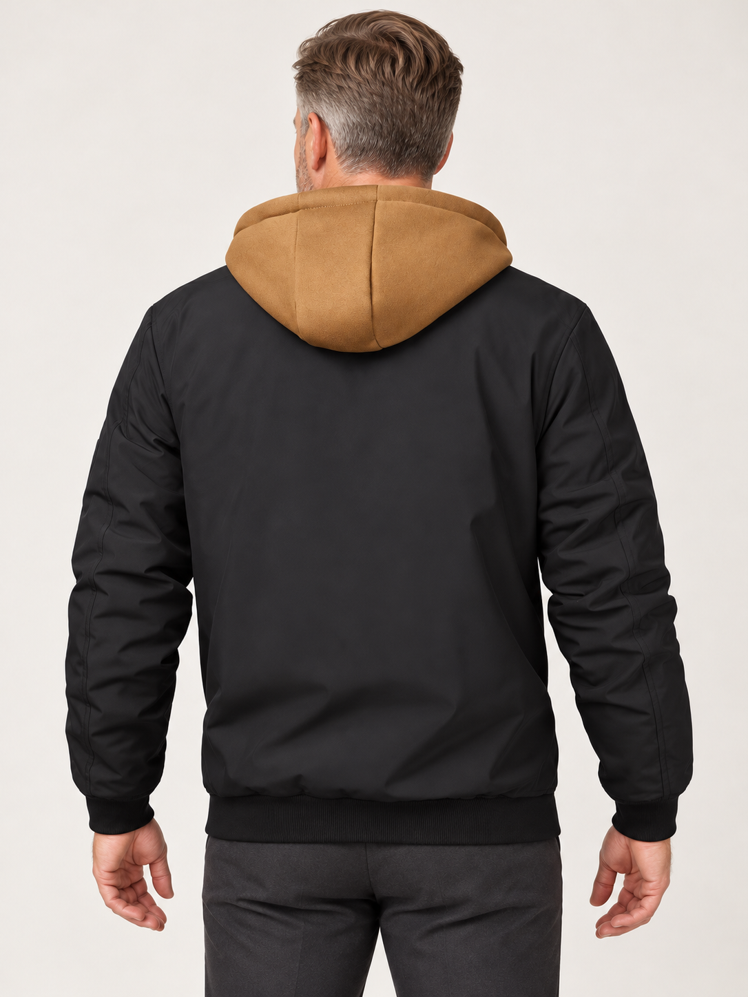 Men’s Hooded Bomber Jacket – Contrast Hood & Zip Front