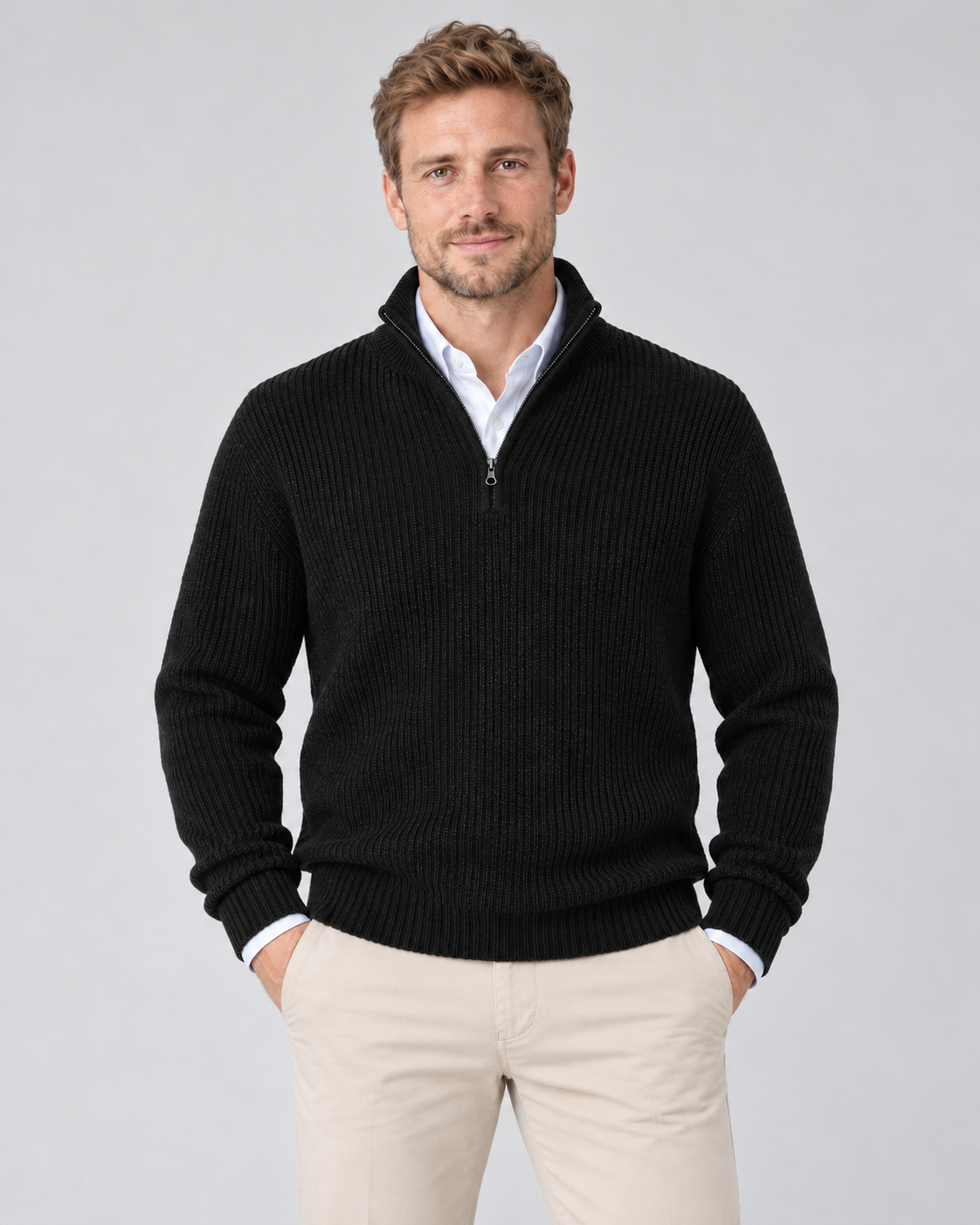 Men's Cashmere Quarter-Zip Jumper – Ribbed Knit & High Collar