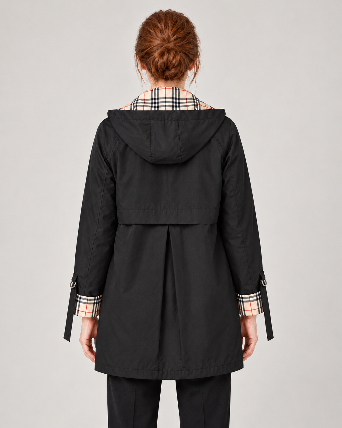 Women’s Hooded Long Raincoat with Zip Front and Check Trim