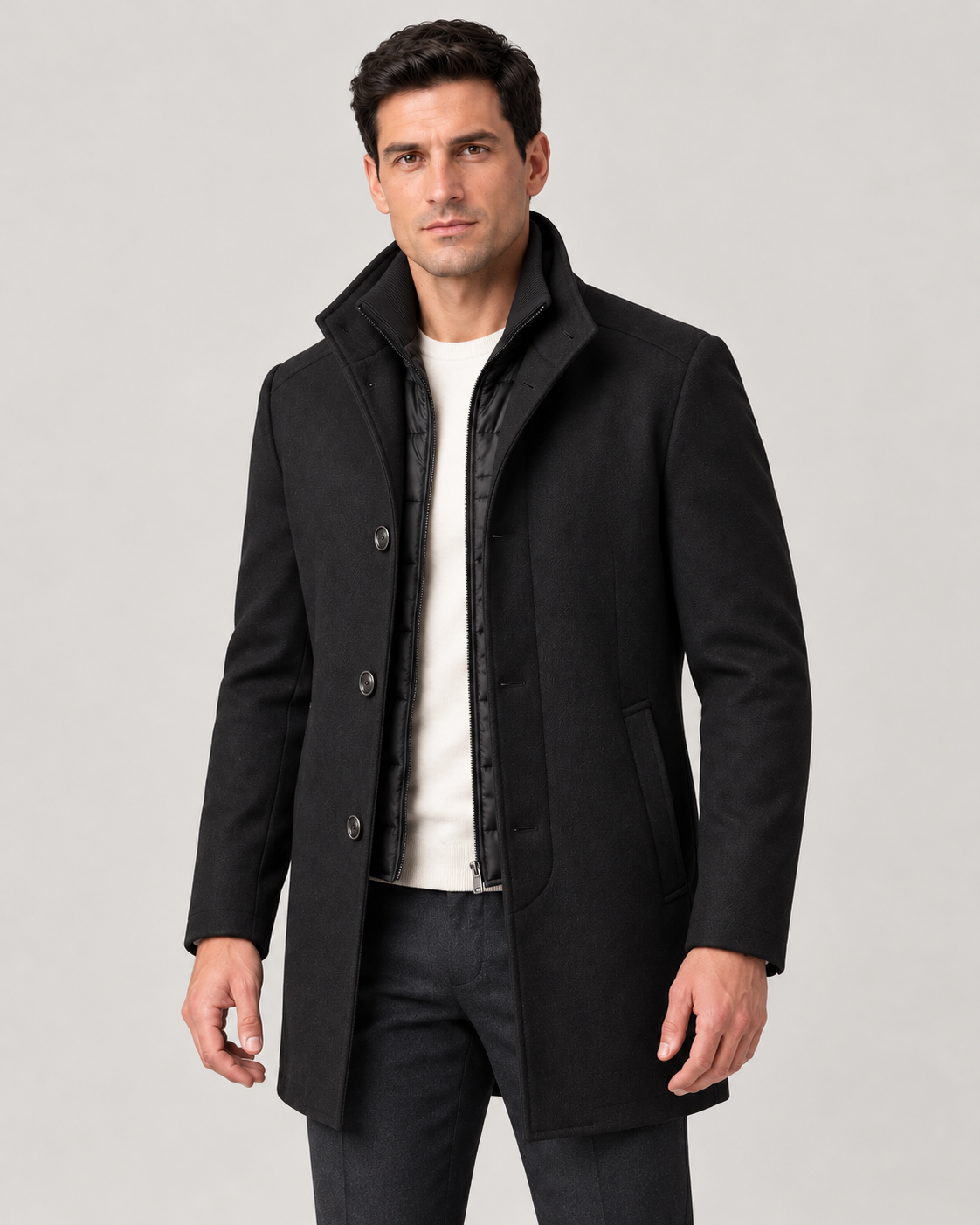 Men’s Winter Coat with Stand Collar and Detachable Quilted Gilet