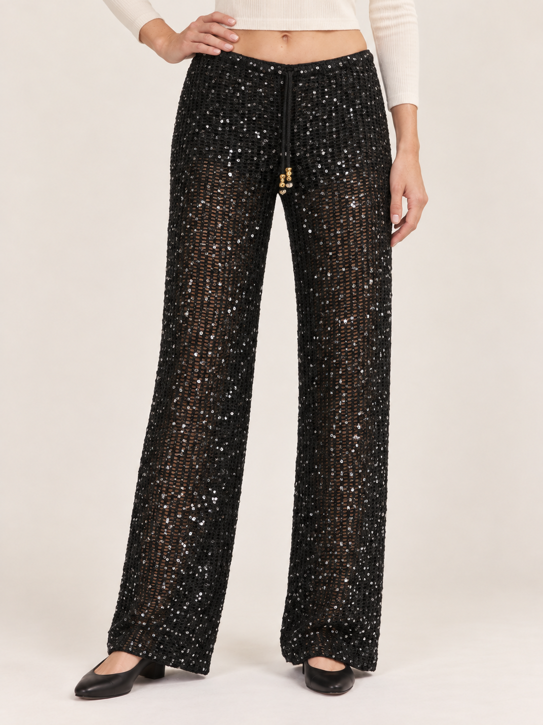 Women's Sequin Crochet Wide-Leg Trousers – Drawstring Waist