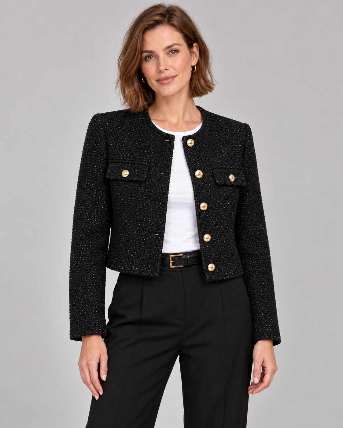 Women’s Cropped Tweed Jacket – Gold Button Blazer