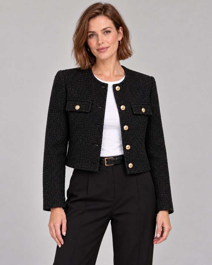 Women’s Cropped Tweed Jacket – Gold Button Blazer