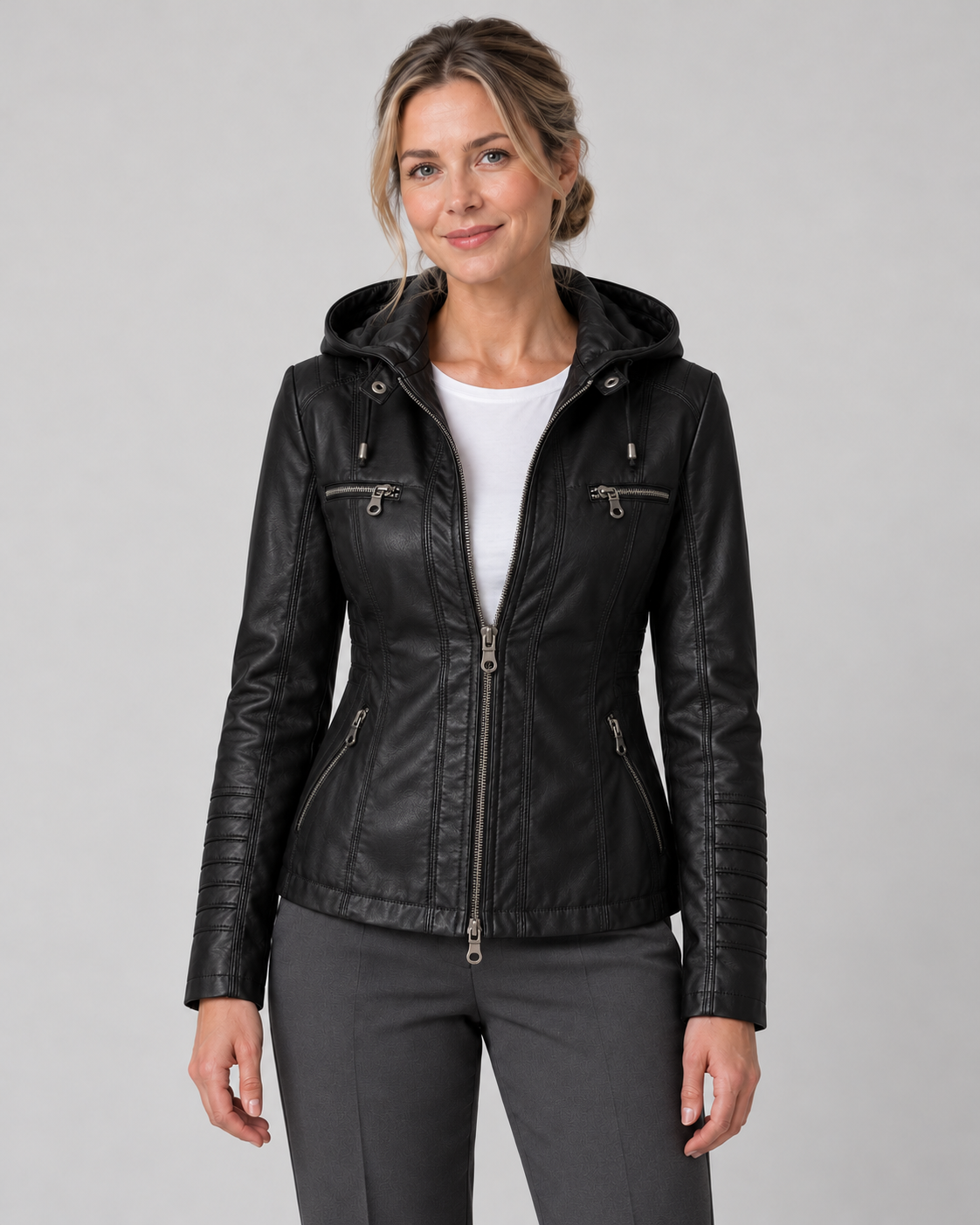 Women’s Faux Leather Jacket With Detachable Hood
