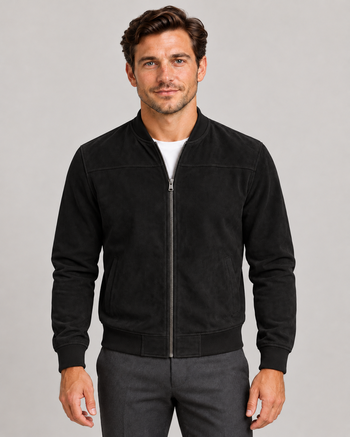 Men’s Faux Suede Bomber Jacket with Zip Front and Ribbed Trims