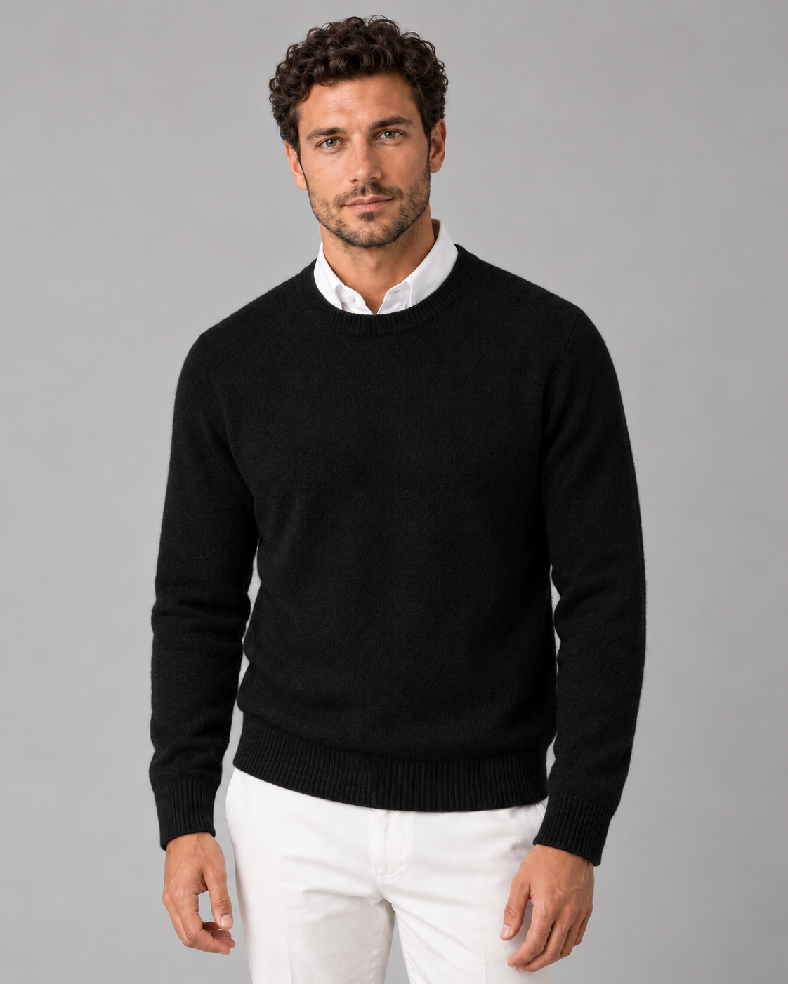 Men's Cashmere Crew-Neck Knit Sweater – Regular Fit & Ribbed Trims