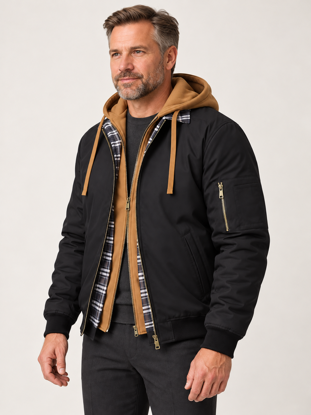 Men’s Hooded Bomber Jacket – Contrast Hood & Zip Front