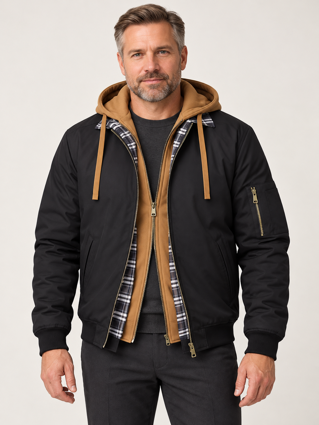 Men’s Hooded Bomber Jacket – Contrast Hood & Zip Front
