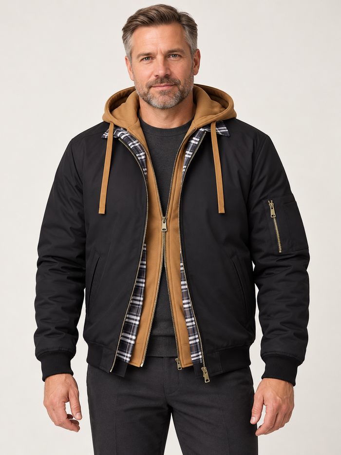 Men’s Hooded Bomber Jacket – Contrast Hood & Zip Front