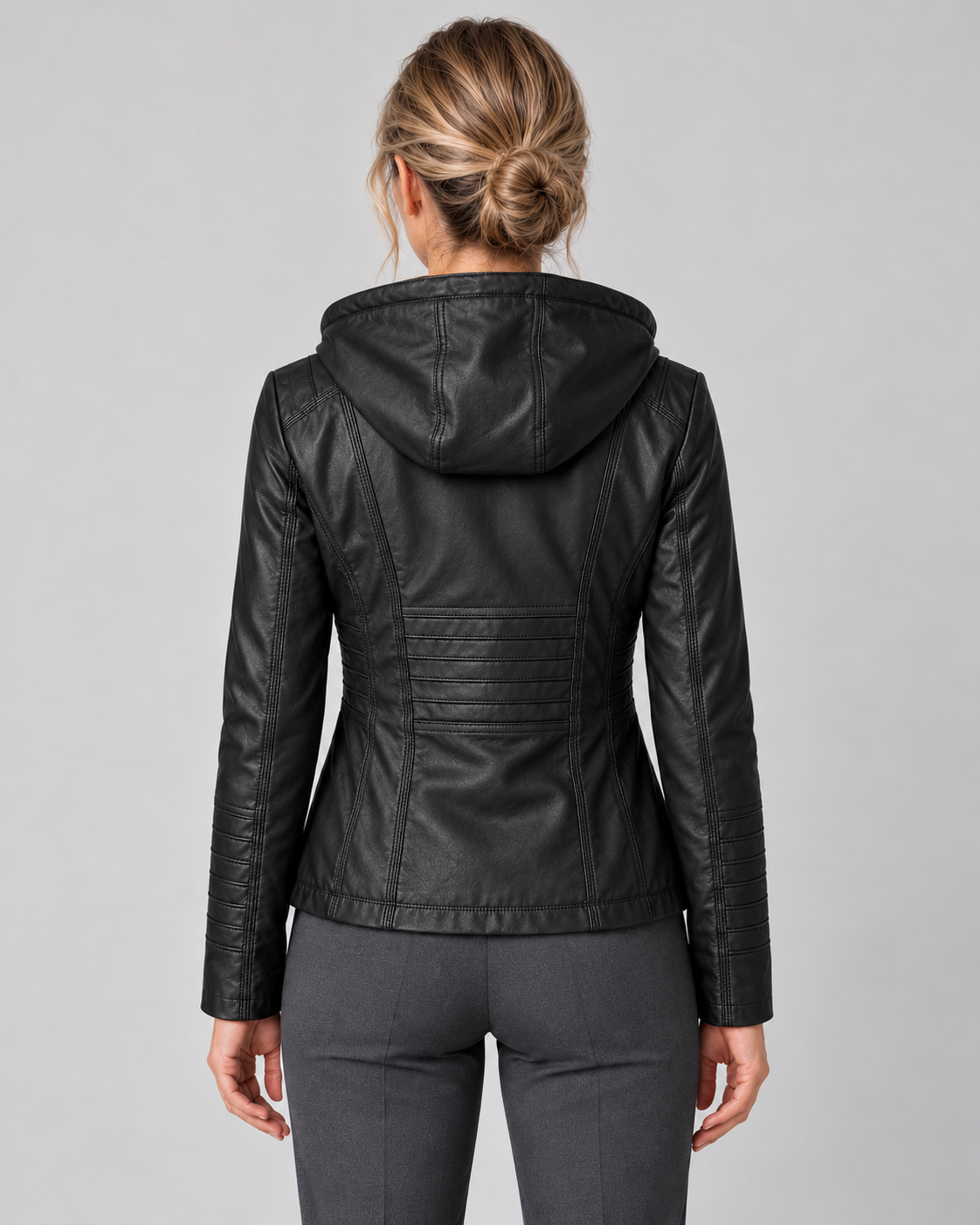 Women’s Faux Leather Jacket With Detachable Hood