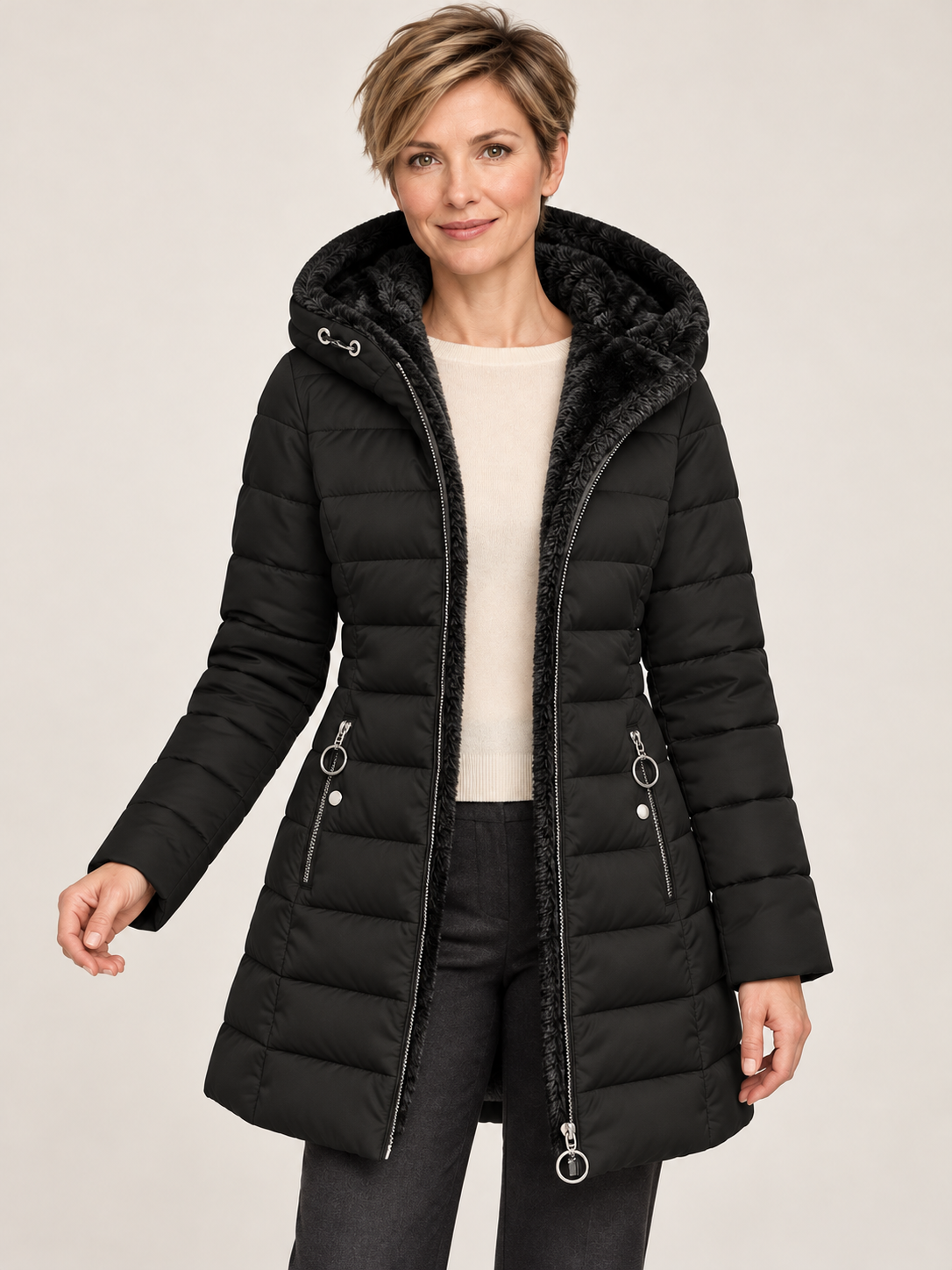 Women’s Hooded Puffer Coat – Fleece-Lined & Longline