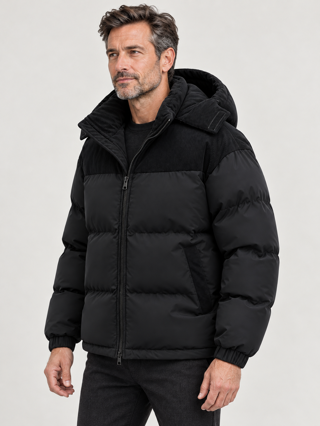 Men’s Hooded Puffer Jacket – Contrast Panels & Zip Front
