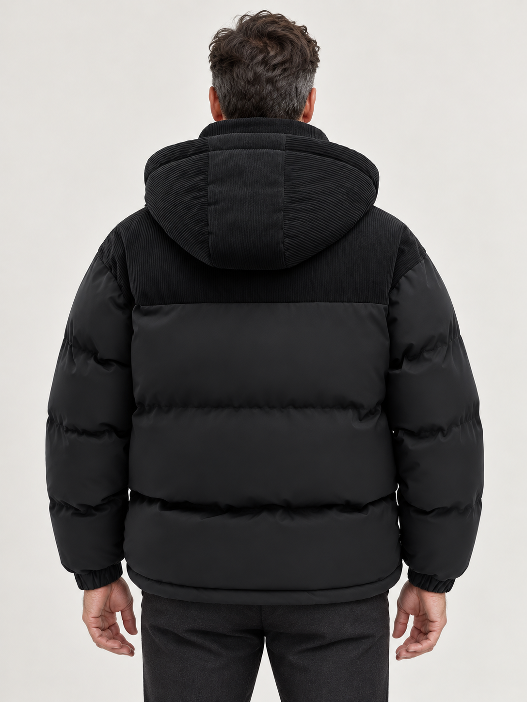 Men’s Hooded Puffer Jacket – Contrast Panels & Zip Front