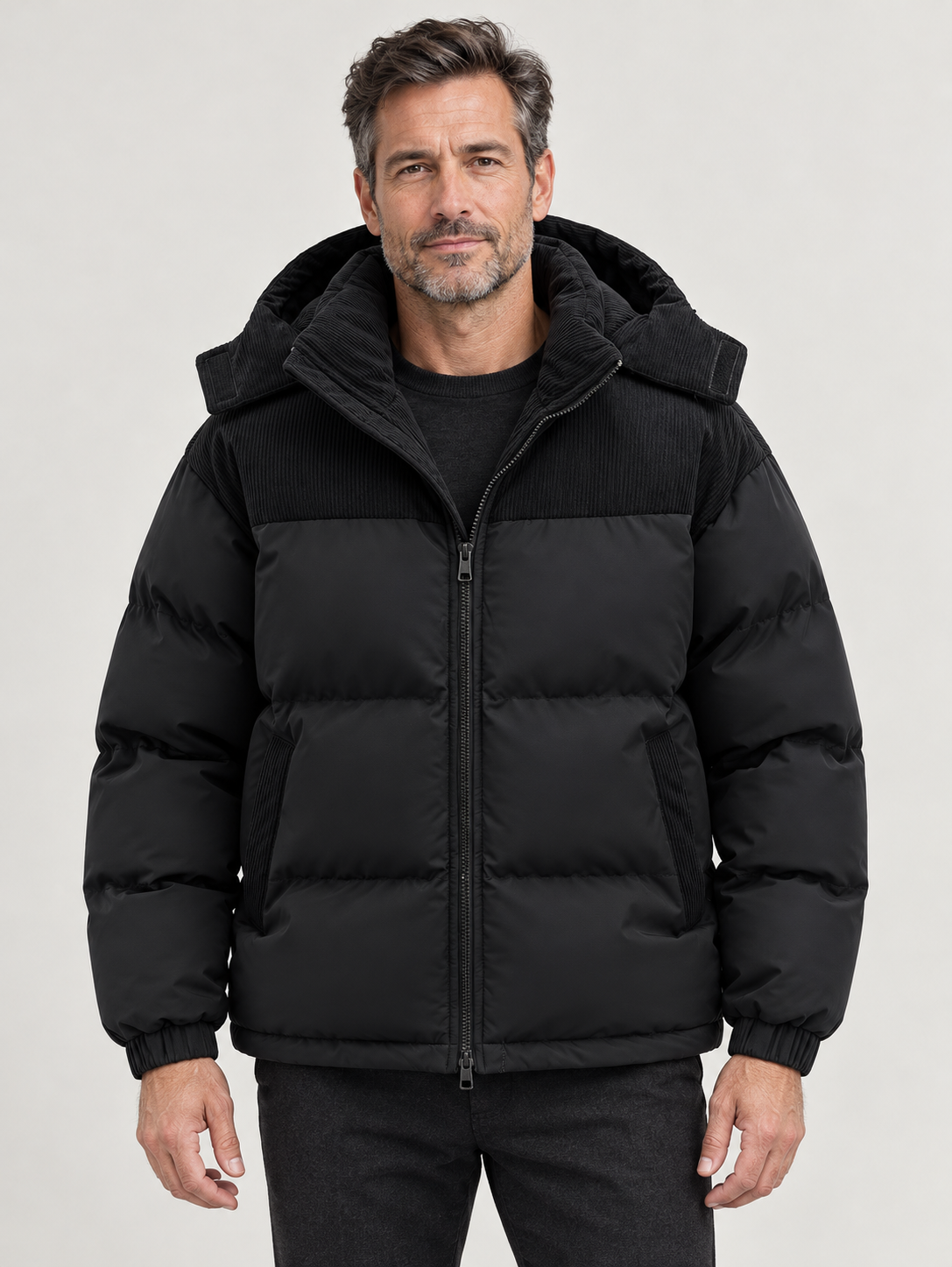 Men’s Hooded Puffer Jacket – Contrast Panels & Zip Front