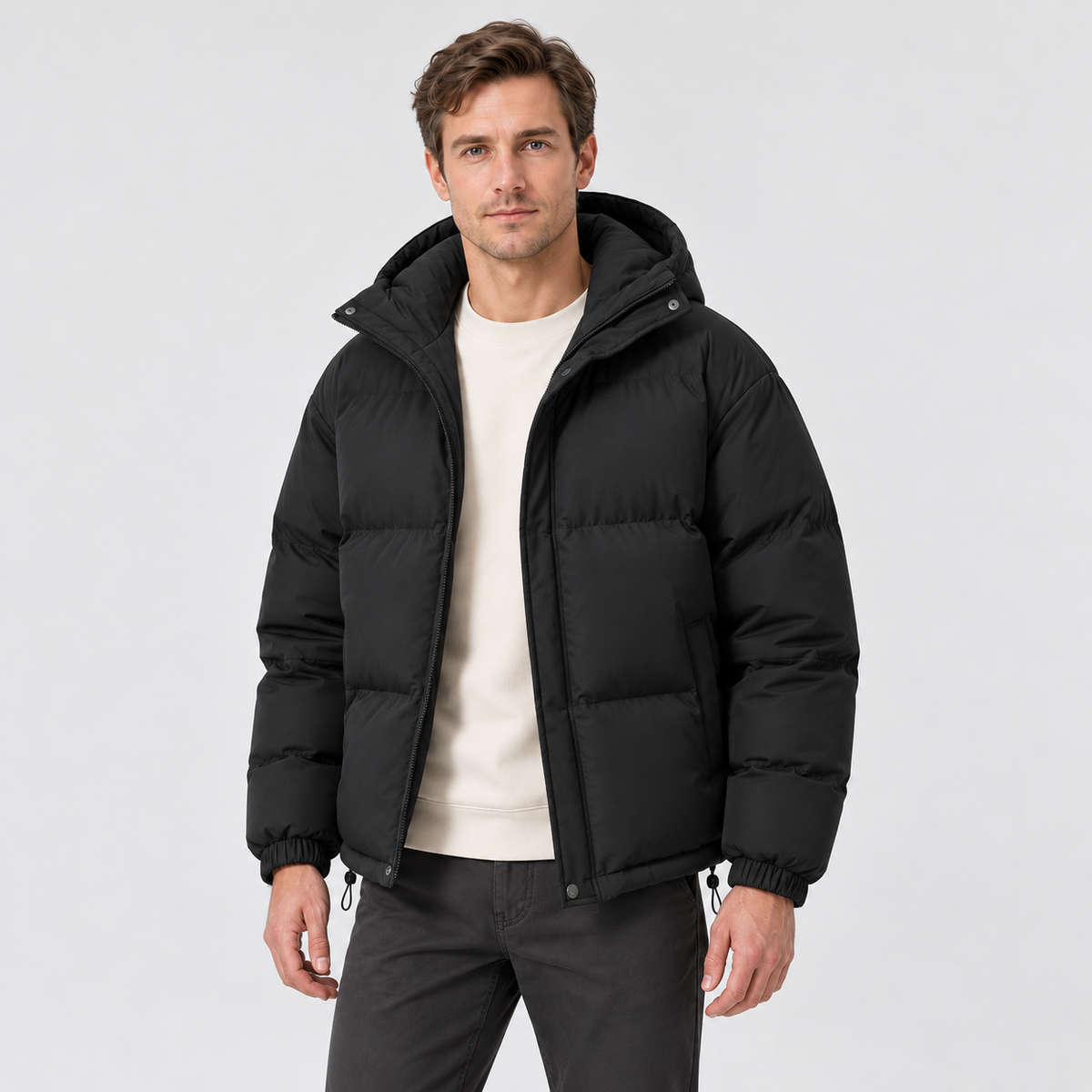 Men's Hooded Puffer Jacket – Zip Front & Relaxed Fit