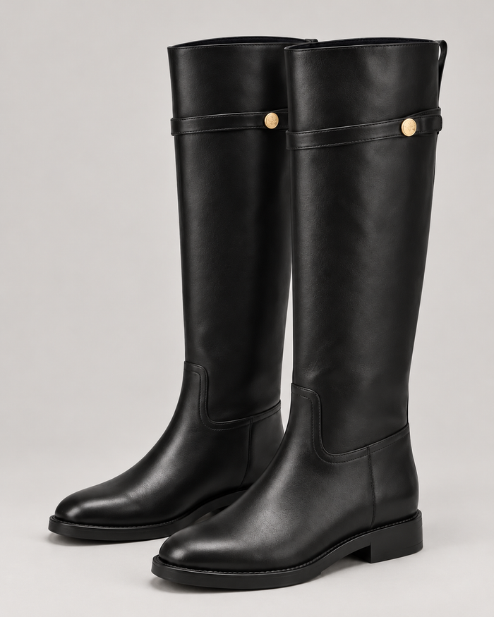 Women's Black Leather Knee-High Boots – Low Block Heel